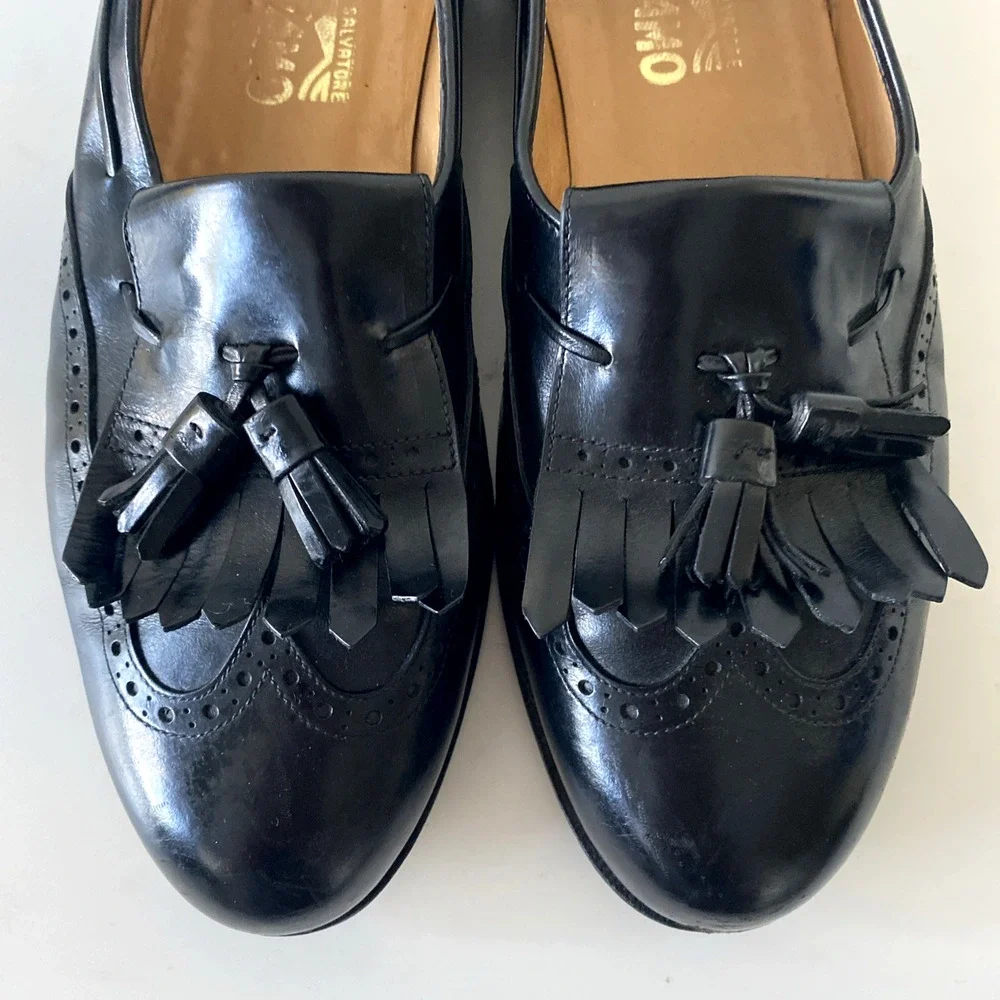 SALVATORE FERRAGAMO Lucas Leather Kiltie Tassel Loafer Dress Shoe Black 9 D